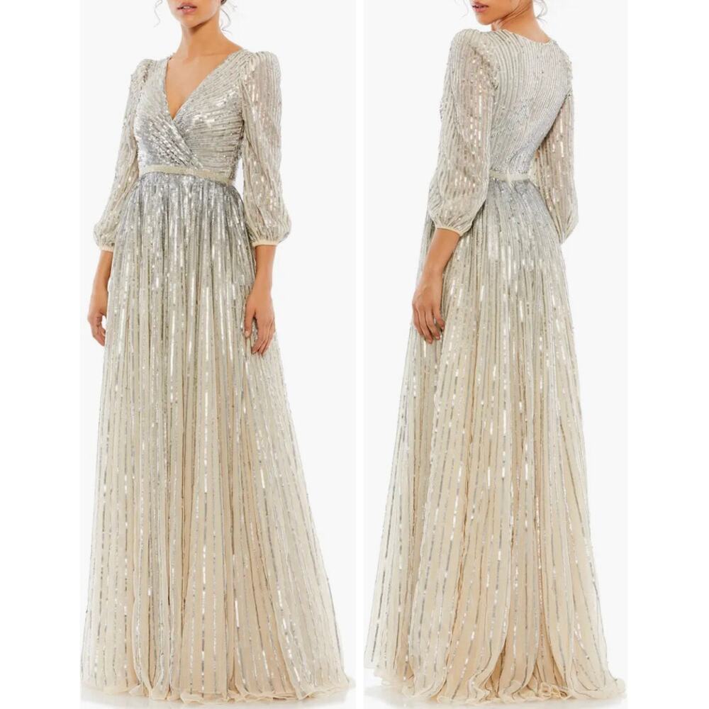 Mac Duggal 5509 Sequined Tulle Wrap Over 3/4 Sleeve Maxi Gown 12